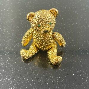 Napier Gold Teddy Bear Brooch with Green Accents
